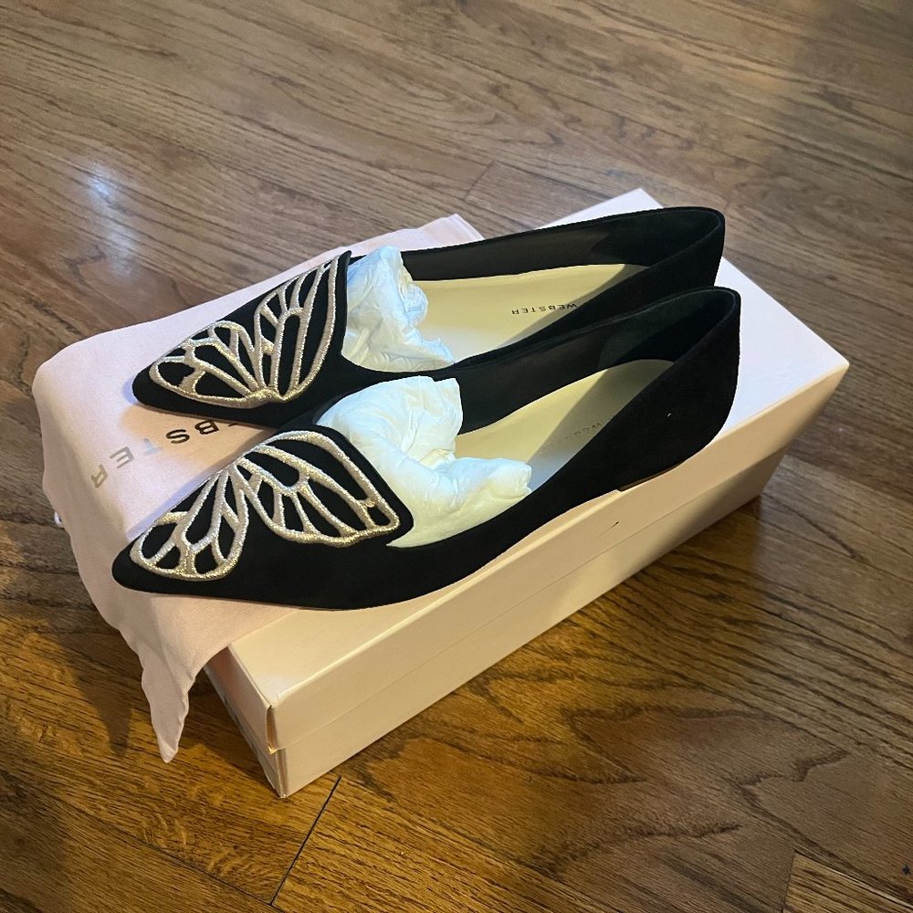 Sophia Webster suede black and embroidered gold size 5.5 US